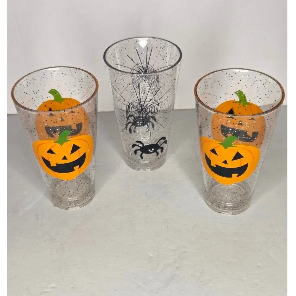Halloween Acrylic Drinking Glasses Set Of 3 Pumpkins Spiders Web‎